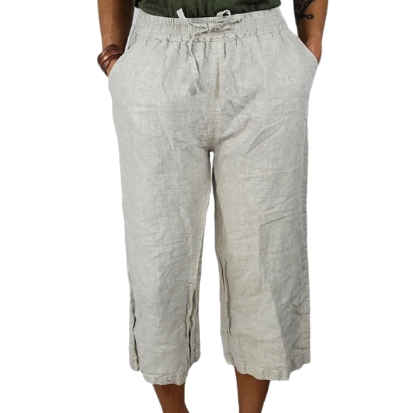 ECUPPER Hi-Rise Linen Crop Pants Size Medium Creme Elastic Waist - Picture 1 of 4